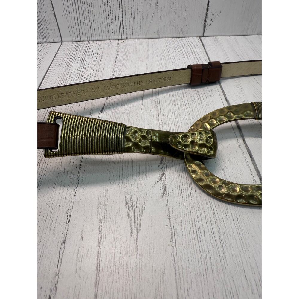 Chico's Hammered Brass Brown Leather Adjustable Belt Artsy Boho Small Medium - Picture 12 of 14